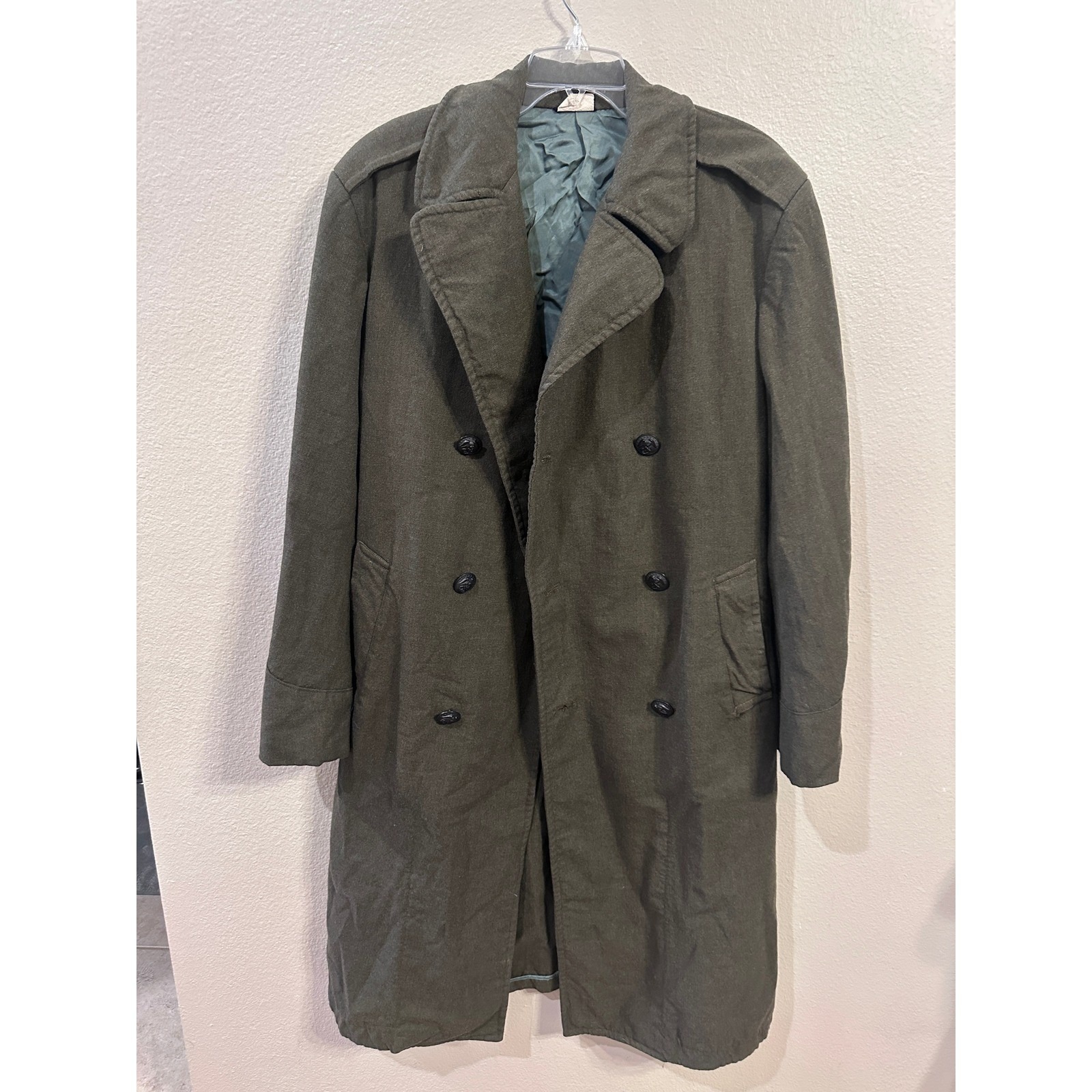 Vintage Us Army Dale Fashions Green Serge Wool Overcoat Military Trench Coat